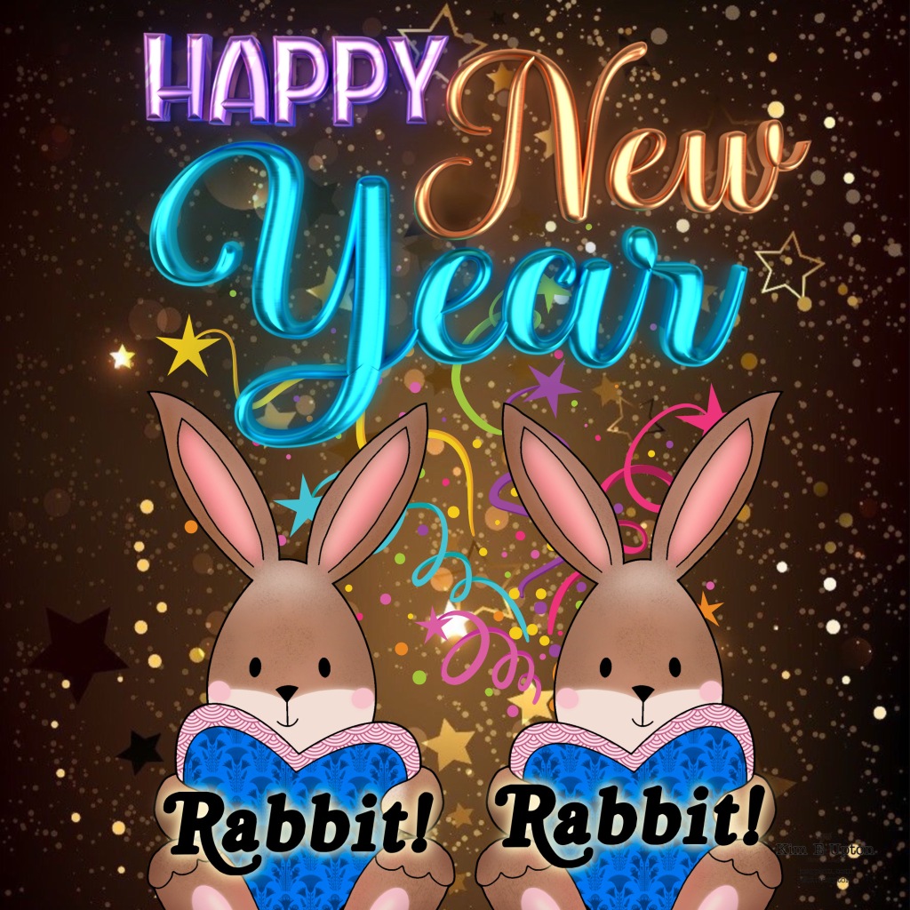 Celebratory image of two rabbits with the words Happy New Year and Rabbit! Rabbit!