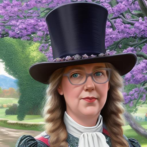 AI generated image of the author wearing a black top hat, in somewhat Victorian dress, in a field of flowers and trees with purple leaves.
